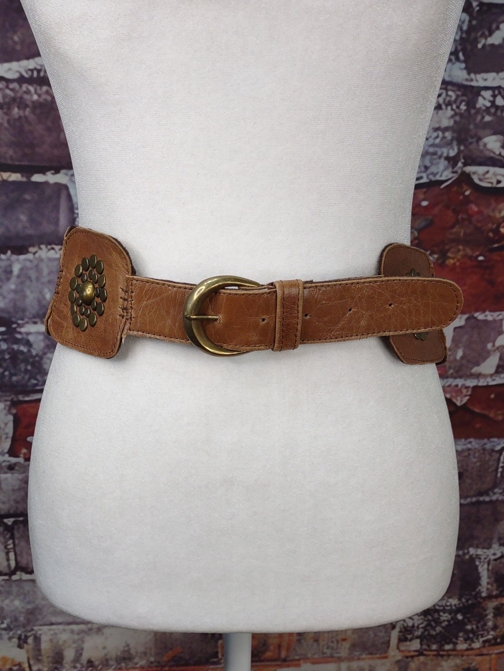 Jocasi London Leather Belt w/ Brass Stud Medallions And Buckle